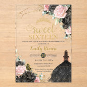 Sweet 16 Sechzehn schwarzes Kleid Pink Floral Gold Acryleinladungen (Vorderseite)
