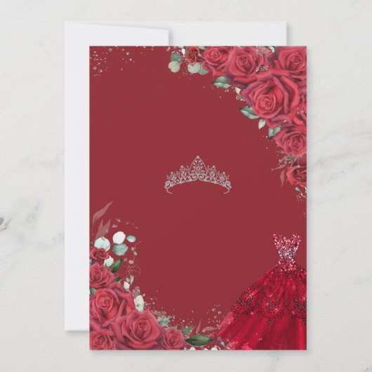 Sweet 16 Sechzehn Silber Rote Rosen Blumenkleid Einladung (Rückseite)