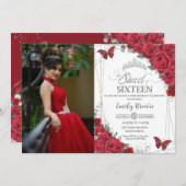 Sweet 16 Sechzehn Silberschmetterlinge Rote Rose F Einladung (Vorne/Hinten)
