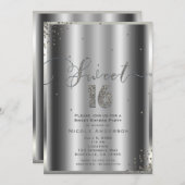 SWEET 16 Sechzehn Silver Glam Confetti Ecken Einladung (Vorne/Hinten)
