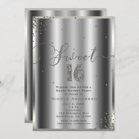 SWEET 16 Sechzehn Silver Glam Confetti Ecken Einladung (Vorne/Hinten)