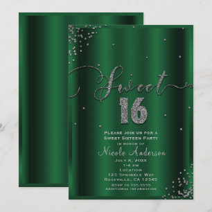 SWEET 16 Sechzehn Smaragd & Silver Confetti Ecken Einladung
