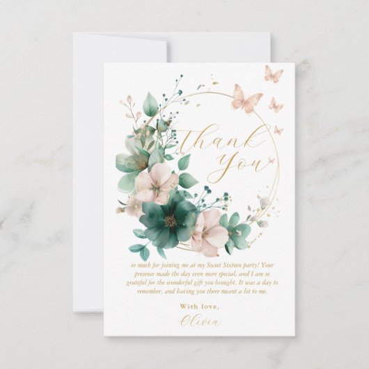 Sweet 16 Sechzehn Smaragdgrüne Blumenschmetterling Dankeskarte (Vorderseite)