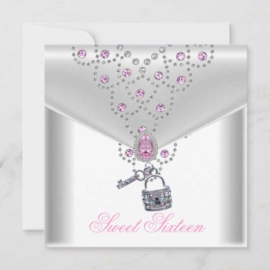 Sweet 16 Sechzehn Weißsilber Overlay Pink Jewel Einladung (Vorderseite)