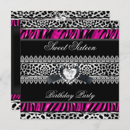 Sweet 16 Sechzehn Zebra Leopard Pink Black Diamond Einladung (Vorne/Hinten)