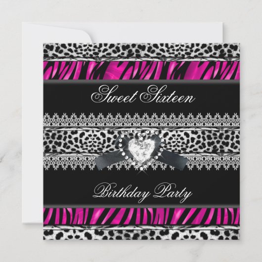 Sweet 16 Sechzehn Zebra Leopard Pink Black Diamond Einladung (Vorderseite)