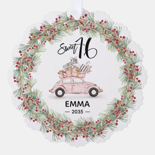 Sweet 16 Signature Script Car Pink Greenery Ornament Karte (Vorderseite)