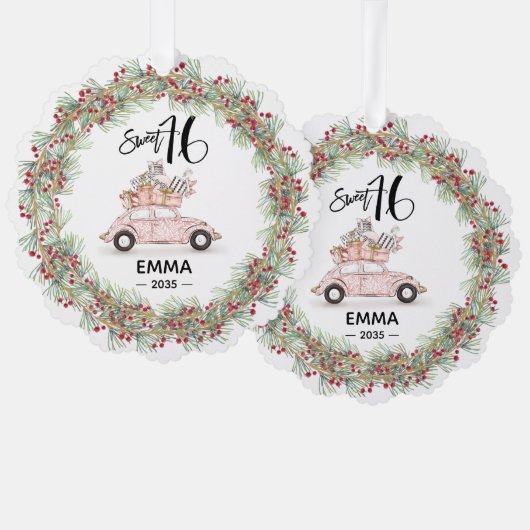 Sweet 16 Signature Script Car Pink Greenery Ornament Karte (Vorderseite/Rückseite)
