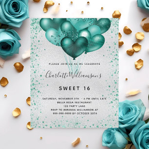 Sweet 16 Silber aquamarin Glitzer Einladung Flyer