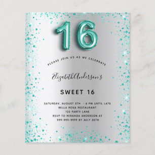 Sweet 16 Silber aquamarin Glitzer Einladung Flyer