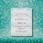 Sweet 16 silber aquamarin Glitzer glamouröse Einla Postkarte<br><div class="desc">Für einen eleganten Sweet 16, 16. Geburtstag. Ein Imitat silber metallisch aussehender Hintergrund. Dekoriert mit aquamarinen Imitaten Glitzer Staub. Personalisieren und fügen Sie Namen, Alter und Party Details hinzu. Der Name wird mit einem handgeschriebenen Stilskript geschrieben. Tipp: Wenn Sie es nicht so gewollt haben, dass es wie eine Postkarte aussieht,...</div>