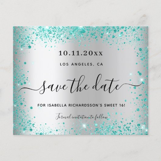 Sweet 16 Silber aquamarin Glitzer Haushalt Save th Flyer (Vorne)