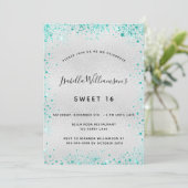 Sweet 16 silber aquamariner Glitzer Einladung (Stehend Vorderseite)