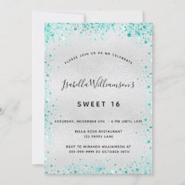 Sweet 16 silber aquamariner Glitzer Einladung