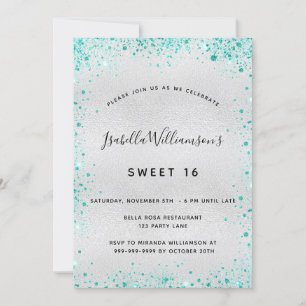 Sweet 16 silber aquamariner Glitzer Einladung