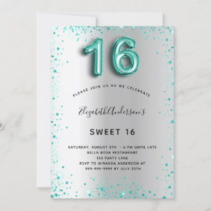 Sweet 16 silber aquamariner Glitzer elegant glamou Einladung