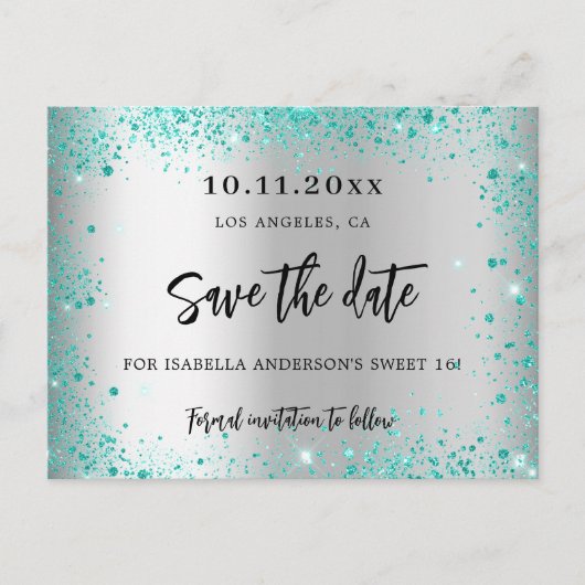 Sweet 16 silber aquamariner grüner Glitzer Save th Ankündigungspostkarte (Vorderseite)