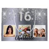 Sweet 16 silber Glitzer Foto Große Geschenktüte (Rückseite)
