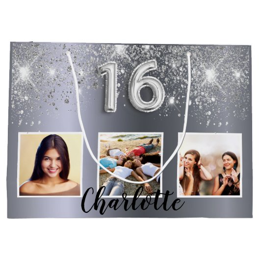 Sweet 16 silber Glitzer Foto Große Geschenktüte (Rückseite)