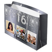 Sweet 16 silber Glitzer Foto Große Geschenktüte (Rückseite Schrägansicht)