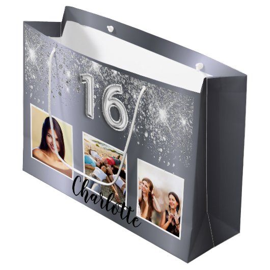 Sweet 16 silber Glitzer Foto Große Geschenktüte (Vorderseite Schrägansicht)