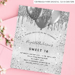 Sweet 16 silber Glitzer Geburtstag Einladungspostkarte<br><div class="desc">Für einen eleganten Sweet 16, 16. Geburtstag. Ein Imitat silber metallisch aussehender Hintergrund. Dekoriert mit Imitaten Glitzer Tropfen, Farbe Tropfen Look und Ballons. Personalisieren und fügen Sie Namen, Alter und Party Details hinzu. Der Name wird mit einem handgeschriebenen Stilskript geschrieben. Zurück: silber aussehender Hintergrund, Postkartendesign. Tipp: Wenn Sie es nicht...</div>