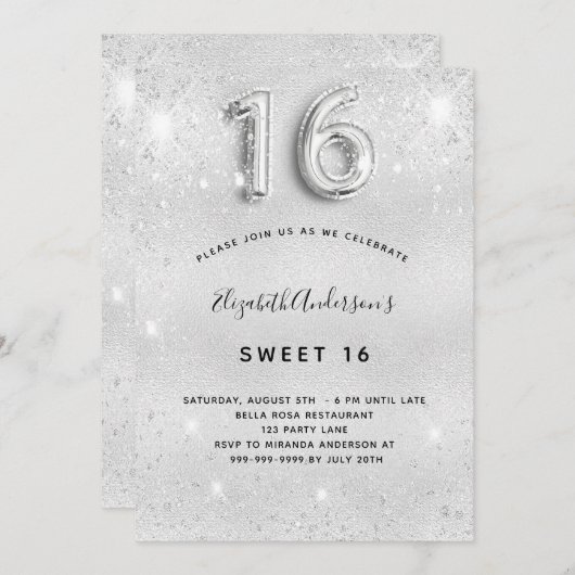 Sweet 16 silber Glitzer glamourös Einladung (Vorne/Hinten)