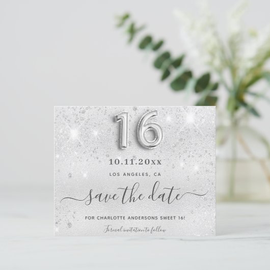 Sweet 16 silber Glitzer Metall Save the Date (Stehend Vorderseite)