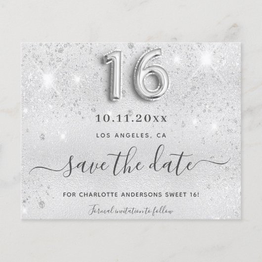 Sweet 16 silber Glitzer Metall Save the Date (Vorderseite)