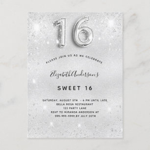 Sweet 16 silber Glitzer Staubglasur Einladungspostkarte