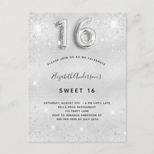 Sweet 16 silber Glitzer Staubglasur Einladungspostkarte (Vorderseite)