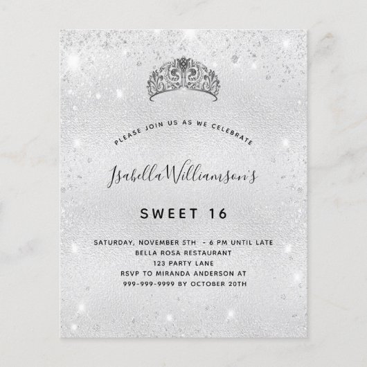 Sweet 16 Silber Glitzer Tiara Einladung (Vorderseite)