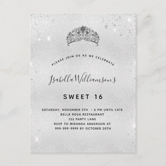 Sweet 16 silber Glitzer tiara Einladungspostkarte (Vorderseite)
