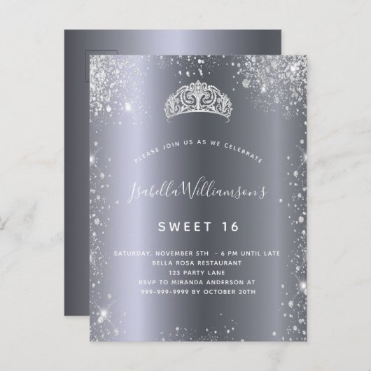 Sweet 16 silber Glitzer tiara Einladungspostkarte (Vorne/Hinten)