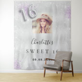 Sweet 16 silber lila Foto Glitzer Staub willkommen Wandteppich (Beispiel)