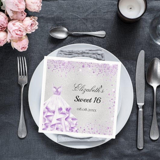 Sweet 16 silber, lila Glitzer Serviette