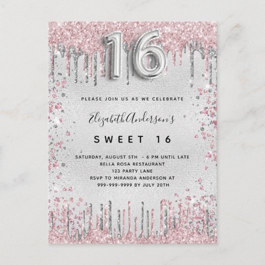 Sweet 16 silber pink Glitzer Tropfen Einladung (Vorderseite)