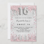 Sweet 16 silber pink Glitzer Tropfen glamourös Einladung (Vorderseite)