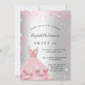 Sweet 16 silber rosa Kleid Glitzer glamourös Einladung (Vorderseite)