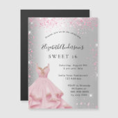 Sweet 16 silber rosa Kleid Glitzer Luxus Magneteinladung (Vorne/Hinten)