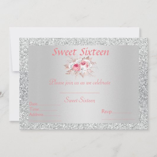 Sweet 16 silber, rosa, pfirsichfarben einladung (Vorderseite)