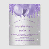 Sweet 16 silber violett Glitzer Ballons Luxus Magneteinladung (Vorderseite)