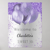 Sweet 16 silber violett Glitzer willkommen Ballons Poster (Vorne)