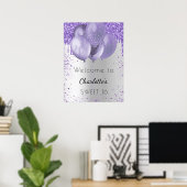 Sweet 16 silber violett Glitzer willkommen Ballons Poster (Heimbüro)
