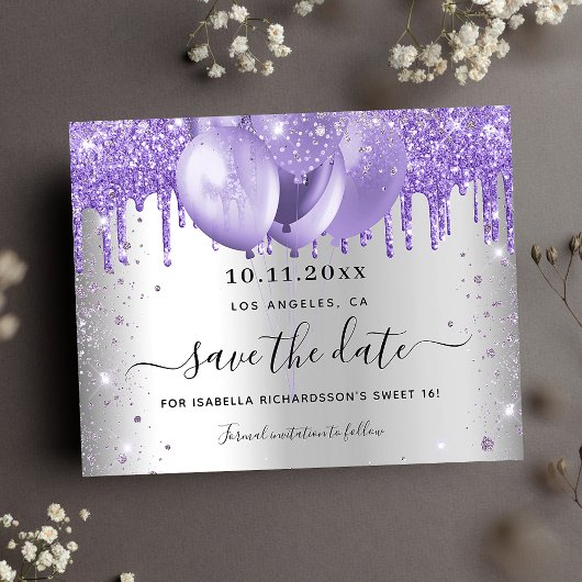 Sweet 16 silber violett Haushalt Save the Date Flyer