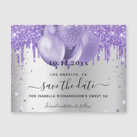 Sweet 16 silber violett speichern Sie die Datumska Magneteinladung (Vorderseite)