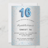 Sweet 16 silberblau Glitzer Luxus Einladung (Vorderseite)
