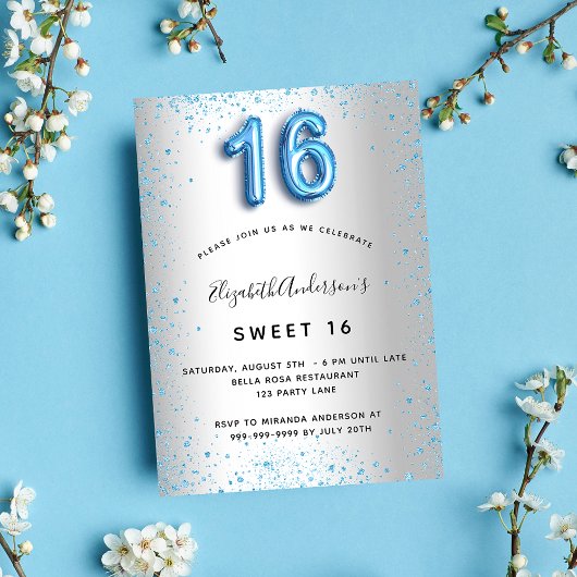 Sweet 16 silberblau Glitzer Luxus Einladung