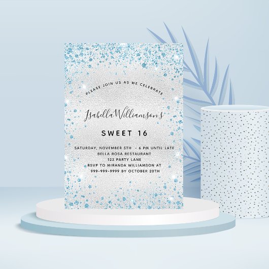 Sweet 16 silberblau Glitzer Luxus Einladung