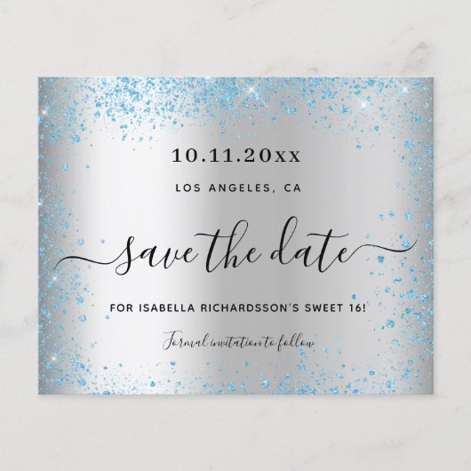 Sweet 16 silberblau Haushalt Save the Date Flyer (Vorne)